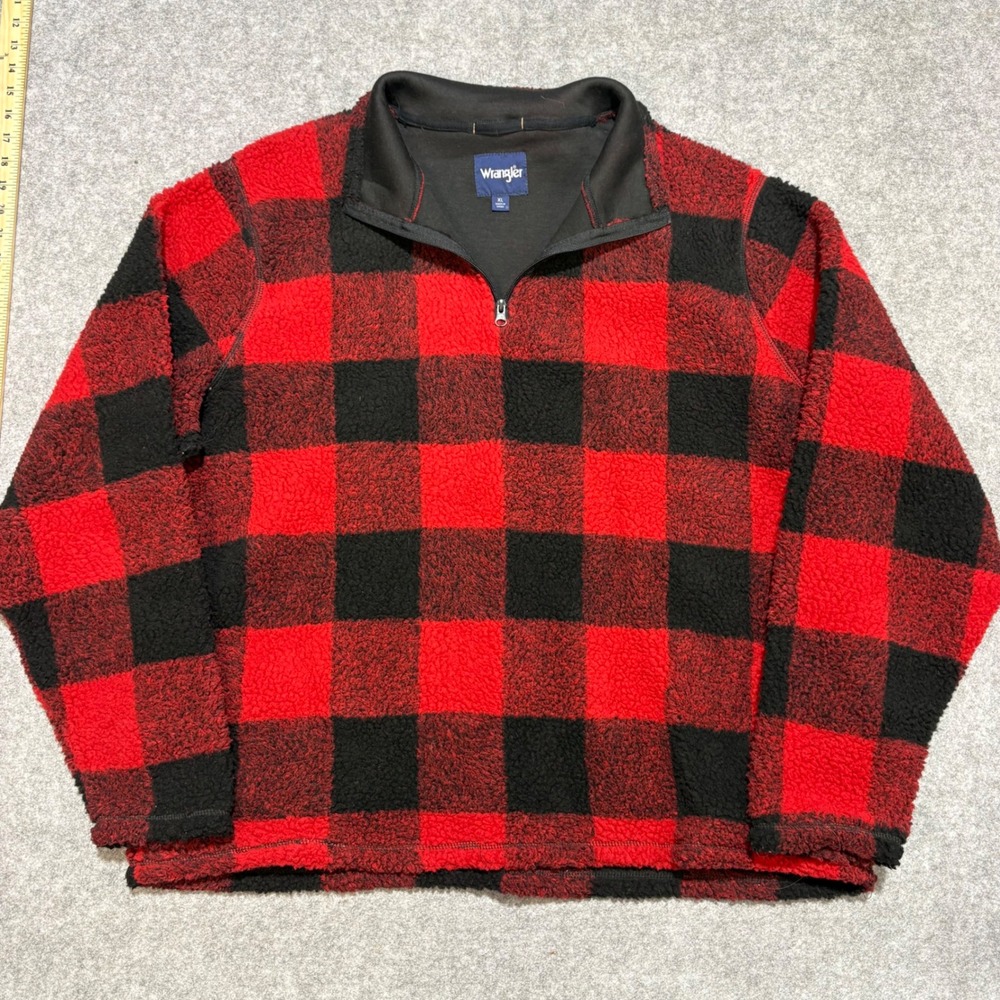 Wrangler Mens Buffalo Plaid Sherpa Fleece Quarter Zip Pullover Red Black XL